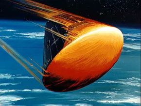An artist's rendering of the Apollo command module's re-entry into the Earth's atmosphere.