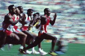 Ben Johnson speeds ahead of the pack to win the 1988 Olympic 100 meter final in a world record 9.79 seconds.
