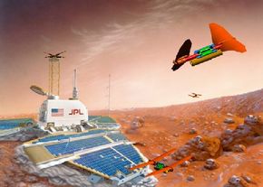 An artist's concept of a team of Entomopters exploring Mars