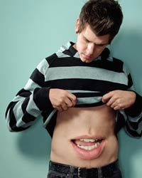 man with mouth on stomach