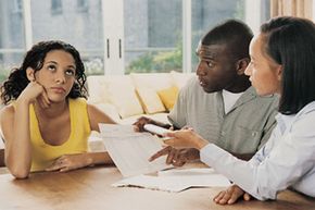 Sullen teenager with parents. 