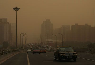 Smog over Beijing, China.