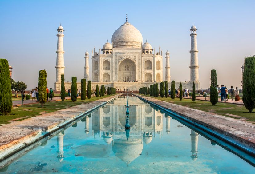 The Taj Mahal (more often meaning Crown of the Palace) is an ivory-white marble mausoleum on the south bank of the Yamuna river in the Indian city of Agra.