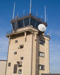 An air traffic control tower at an airport