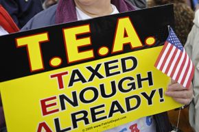 This Tea Party supporter demonstrates against paying more taxes.