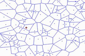 This Voronoi tessellation is looking at the photon density of a particular region. Each dot in the cell represents a photon.