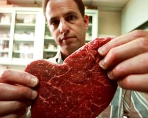 Meat tenderized by the Hydrodyne process, which uses explosives to create supersonic shock waves to soften the meat.