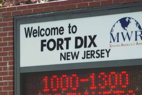 A welcome sign sits at the entrance to Fort Dix military base in New Jersey.