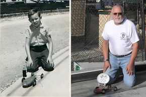Two pictures of Ed Baynes -- after the Nationals competition at Anderson, Ind., in 1956, and after the same event held in the same place 50 years later.