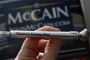 One of the famous tire pressure gauges distributed by the campaign of Republican presidential candidate John McCain is inscribed &quot;Obama's Energy Plan.&quot;