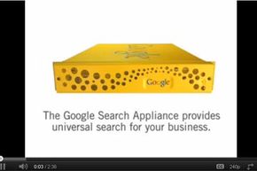 A business can install a Google Search Appliance -- shown here in a screen capture from a Google promotional video -- behind its firewall to apply powerful indexing and searching features to protected cloud resources.