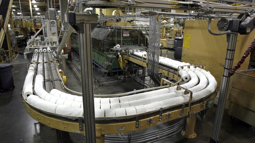 Toilet paper rolls move down a conveyer belt for packaging at Potlatch Corporation Consumer Products Division in Lewiston, Idaho. Jeff T. Green/Getty Images
