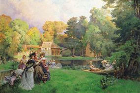 一位艺术家描绘的夏天的小特里亚农，一群快乐的人在孤立的场地上嬉戏和野餐。＂border=
