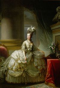 Marie Antoinette in one of her elaborate gowns and signature hairstyles.