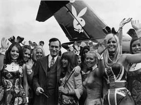 Hugh Hefner is shown here surrounded by Playboy bunnies. Anti-porn feminism in the late 1970s advocated for the banning of pornography.