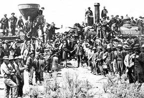 The ceremony for the driving of the golden spike at Promontory Summit, Utah