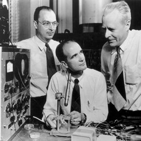 The Bell Labs team of John Bardeen, Walter Brattain and William Shockley won the 1956 Nobel Prize in Physics for their work in developing transistors. See more electronic parts pictures.