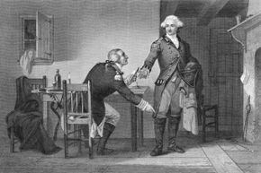Benedict Arnold persuades his British collaborator General John Andre to hide the West Point plans in his boot. Andre was caught and hanged. Arnold fled to fight for Britain.