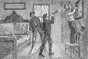 A woodcut shows Robert Ford famously shooting Jesse James in the back while he hangs a picture in his house. Ford's brother Charles looks on.