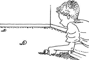 Illustration of a boy playing a traveling marbles game