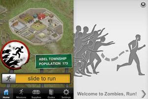 The home screen and tutorial opening for the "Zombies, Run!" app