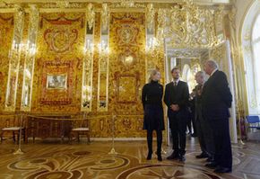 Norwegian royals visit a reproduction of the Amber Room in Ekaterininski Palace in Pushkin village near St. Petersburg, Russia.