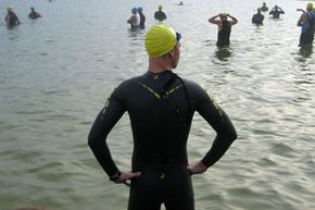 Garth Langan participates in the Atomic Man Half-Iron Man in Knoxville, Tenn. His wetsuit might be illegal in other triathlons.