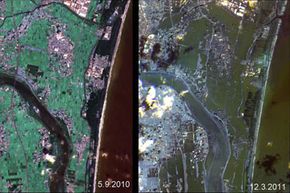 These images show the effects of the tsunami on Japan's coastline. The image on the left was taken on Sept. 5, 2010; the image on the right was taken on March 12, 2011, one day after an earthquake and resulting tsunami struck the island nation.