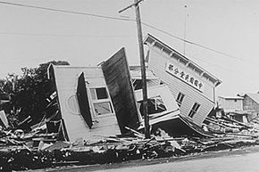 Wreckage of a political party clubhouse from a tsunami that hit the Aleutian Islands in 1946