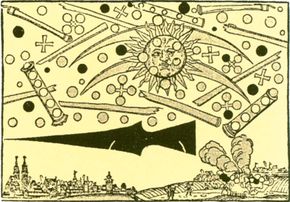 Nuremberg broadsheet tells of an April 14, 1561, aerial battle involving a variety of strange objects -- globes, crosses, and tubes -- that turned to steam upon hitting the ground (lower right). People viewed the event as a divine warning.