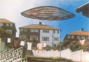 As in this illustration, UFOs have been reported in neighborhoods, cities, and rural areas throughout the United States.