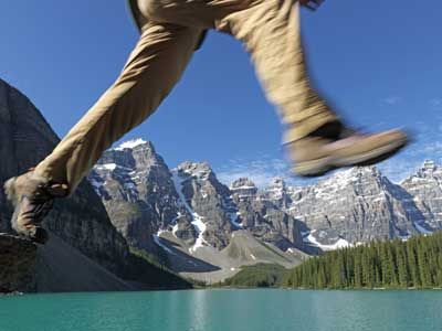 One person exploring Alberta's Rocky Mountains outdoors.