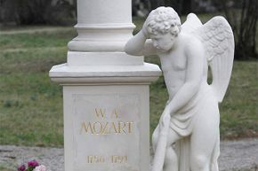 A close-up of Wolfgang Mozart's tombstone; no one is sure whether he is really underneath as he was originally buried in an unmarked grave.