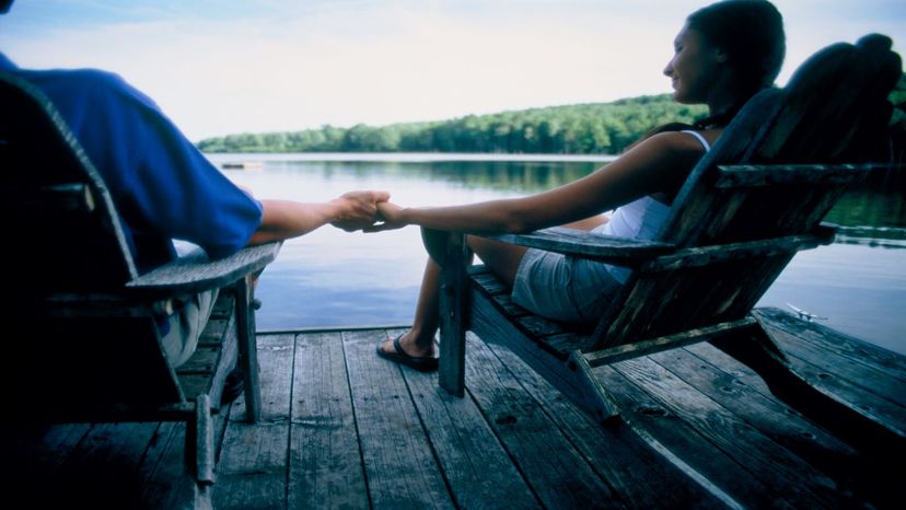 Couple relaxing in Adirondack chairs