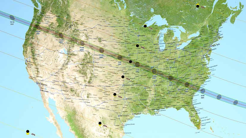 This NASA map shows the path of the Monday, Aug. 21, 2017, solar eclipse. The dark line along the middle is the path of the totality. NASA