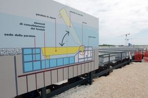 A MOSE construction site featuring a sign-size diagram of how the mobile gates will work.