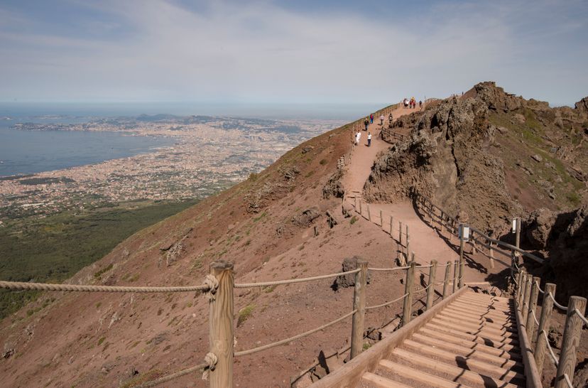 View from the&nbsp;fenced-off walkway around Mt. Vesuvius looking down on the Gulf of Naples