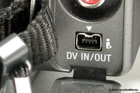 This sort of FireWire connector is common on digital camcorders. You attach a FireWire cable to this connector, and attach the other end to your computer.
