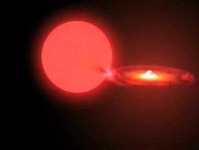 In this image, a white dwarf's strong gravitational pull siphons matter from a nearby star. If the white dwarf becomes too massive to support its own weight, it will collapse on itself and then explode in a supernova.