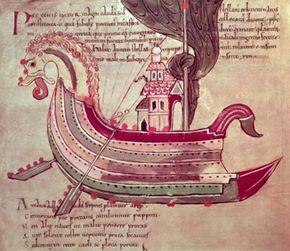 A dragon ship, as depicted in a manuscript