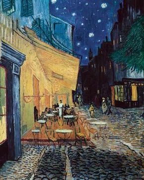 Vincent van Gogh's Café Terrace on the Place du Forum, Arles, at Night is an oil on canvas (32x25-3/4 inches) that is housed in the Kröller-Müller Museum in Otterlo, Netherlands.