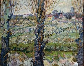 Orchard in Blossom with View of Arles (oil on canvas, 28-1/4x36-1/4 inches) can be found at Bayerische Staatsgemaldesammlungen, Neue Pinakothek, Munich.
