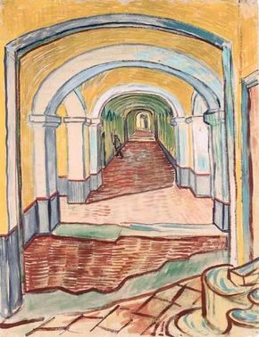 Vincent van Gogh's A Corridor in the Asylum (black chalk and gouache on pink ingres paper, 25-5/8x19-5/16 inches) belongs to New York's Metropolitan Museum of Art as part of a 1948 bequest from Abby Aldrich Rockefeller.