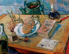 Still Life: Drawing Board, Pipe, Onions and Sealing Wax by Vincent van Gogh, hangs in the Kröller-Müller Museum in Otterlo in the Netherlands.
