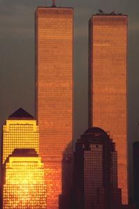 The exterior walls of the World Trade Center towers, bathed in sunlight.