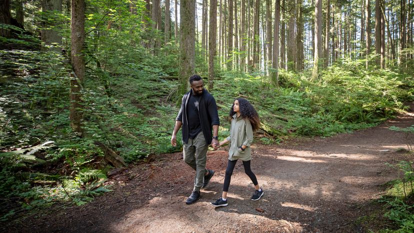 A man holds his curly-haired daughters hand as they walk together on a sunlit forest trail