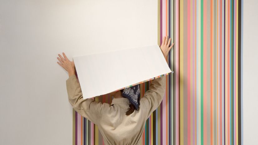 A woman hanging a wallpaper