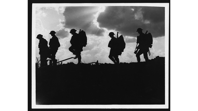 Ernest Brooks became known for his striking silhouetted photos, including this one taken during the World War I Battle of Broodseinde in 1917 near Ypres in Belgium. It shows a group of soldiers from the 8th East Yorkshire Regiment moving up to the front, silhouetted against the skyline. Robert Ernest/National Library of Scotland