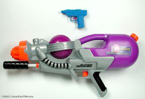 Water guns have come a long way in the past 20 years. An ordinary squirt gun can only shoot water 8 or 9 feet, but a pump-action water blaster, like this Super Soaker CPS 1200, can shoot water more than 50 feet. See more toy pictures.