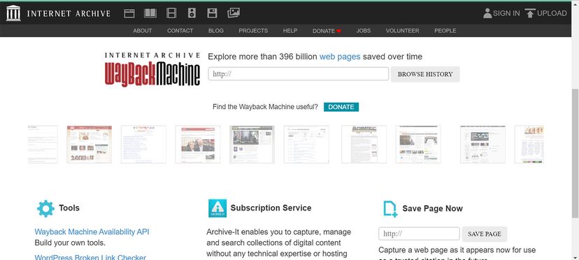 The homepage of the Wayback Machine website.